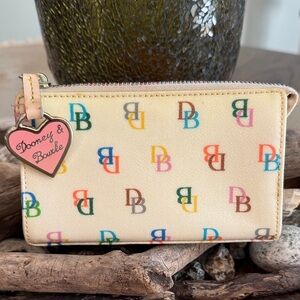 Dooney & Bourke Cream Multicolor DB Logo Zip Wallet with Pink Heart Charm